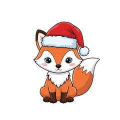 Adorable cartoon fox wearing a santa hat for christmas holiday season greetings on transparent background