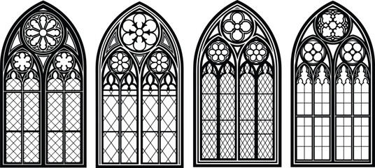 Gothic stained glass window vector, pointed arch tracery, medieval church design, ornate architectural icons, black line illustration, flat style