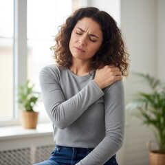 Young woman experiencing shoulder pain and discomfort at home alone
