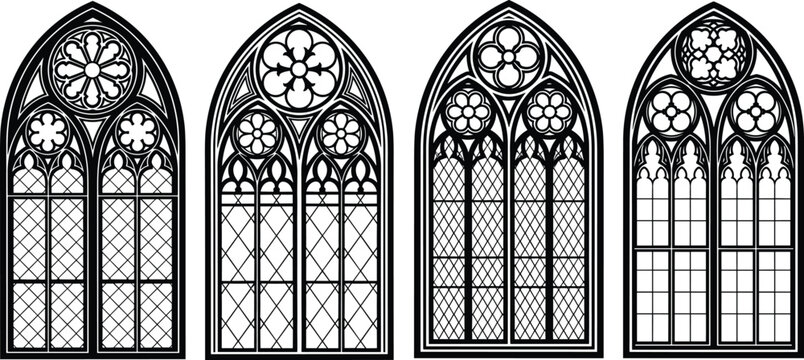 Gothic stained glass window vector, pointed arch tracery, medieval church design, ornate architectural icons, black line illustration, flat style