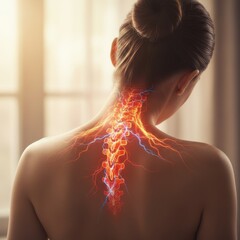 Woman's back showing glowing spine, severe nerve pain concept