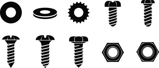 Hardware screw nut washer silhouette set, industrial fastener icons, mechanical tool components, black vector illustration for construction and engineering design