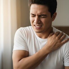 Male experiencing intense shoulder discomfort and neck ache at home.