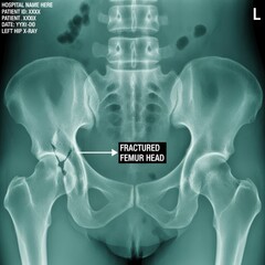 Fractured left hip x-ray scan of human pelvic bone structure