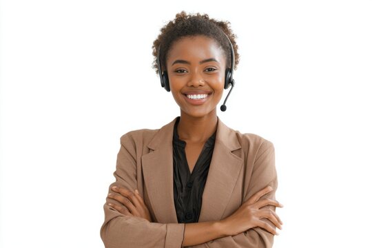 Happy call center representative in a professional setting smiling confidently while providing customer support - Powered by Adobe
