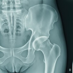 Right hip joint x-ray showing anatomical bone structure of pelvis
