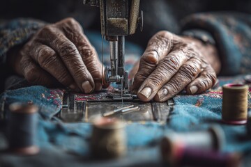 Focused hands carefully attaching a sewing machine foot while creating unique textile patterns on fabric in a cozy workshop setting