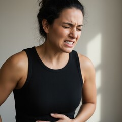 Young woman suffering from severe abdominal pain, stomach ache.