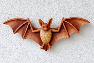 Brown wooden bat sculpture hanging on white wall