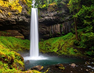 Tall waterfall cascading into a serene pool, lush forest backdrop