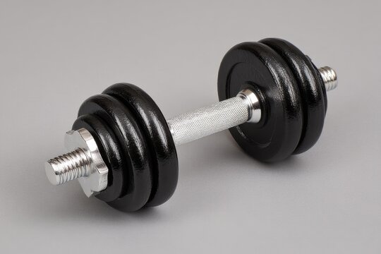 A dumbbell with multiple black weights for strength training exercises at a home gym or fitness facility - Powered by Adobe
