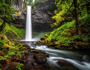 Tall waterfall cascading into stream, surrounded by lush green foliage