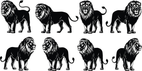 Lion silhouette vector, majestic animal poses, black and white lion graphics, wild cat illustration, mane detail clipart, predator icon set © Ideasy Mind