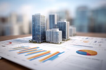 Detailed financial report showcasing real estate market analysis, featuring charts and graphs for urban skyscraper projects in downtown area