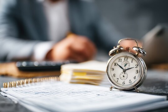 Effective time management techniques captured with a close-up of an alarm clock on a desk, showing focus on productivity and organization in a busy office environment - Powered by Adobe