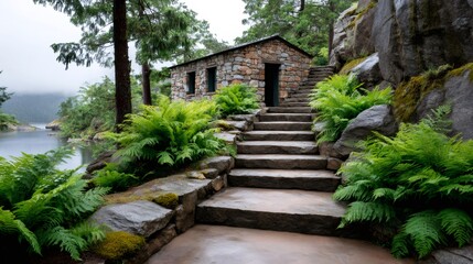 Fototapeta premium Stone cabin with stairs leading up next to a lake