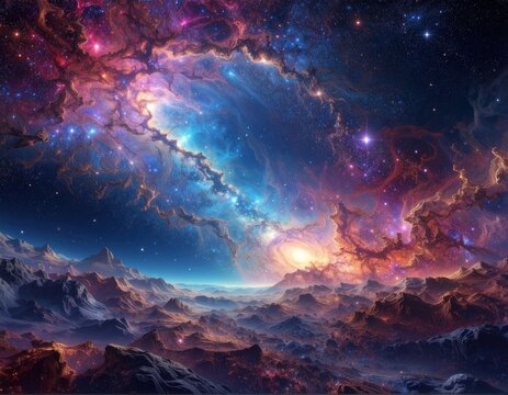 Spectacular cosmic vista, painting of a vibrant nebula and a rocky landscape
