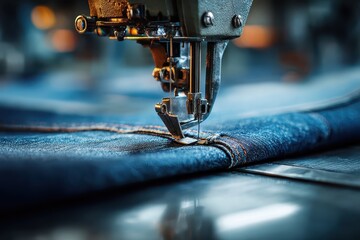 Automated sewing machine stitching denim jeans in a textile factory during the day with focus on the intricate details of the process