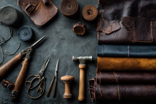 Crafting leather tools and materials displayed on a work surface in a creative workspace