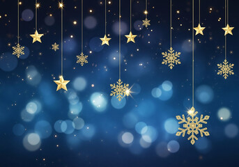 Golden stars and snowflakes hanging against a dark blue bokeh background with glowing lights