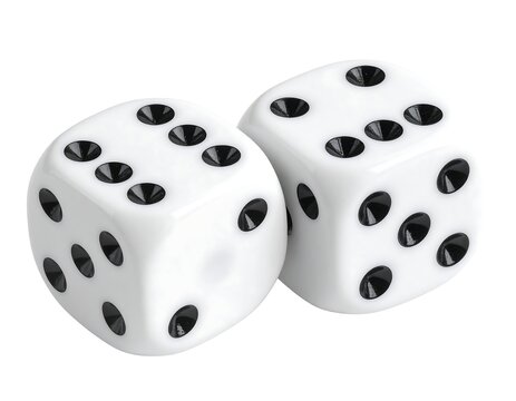 Two white dice with black dots, casting shadows