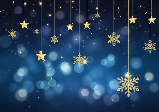Golden stars and snowflakes hanging against a dark blue bokeh background with glowing lights
