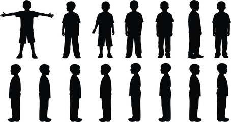 Naklejka premium Vector collection of a young boy silhouette, showing 15 standing poses, front view, side profile, and T-pose, isolated for design use.