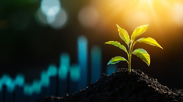 Vibrant seedling symbolizes growth potential against financial chart background