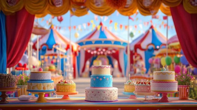 Whimsical circus scene showcases tiered cakes on a striped table, with tents and decorations
