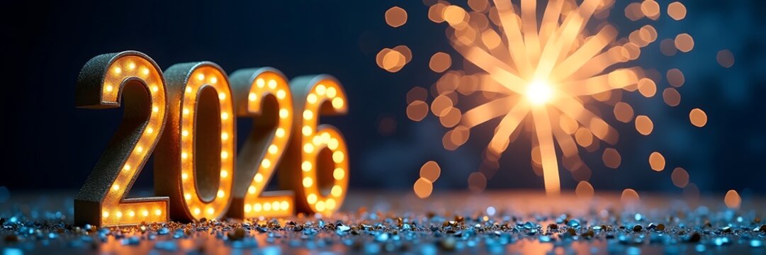 Golden 2026 numbers illuminated by bright fireworks display - Powered by Adobe