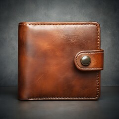 Classic Brown Leather Wallet with Button on Grey Background