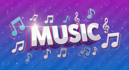 Dynamic 3d text spelling music surrounded by floating musical notes and sparkling lights