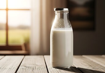 Glass bottle of fresh milk on a wooden table in a rustic setting