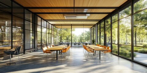 Modern conference room with glass walls and natural.