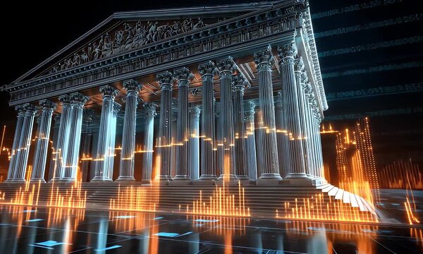 Majestic neoclassical building with glowing orange financial data visualizations and digital circuit patterns on a dark reflective surface representing economic growth and technological advancement