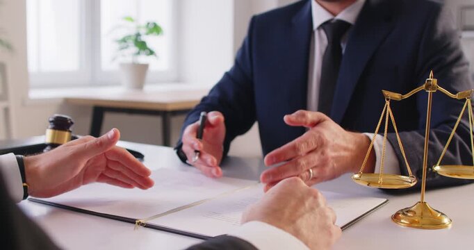 Lawyer, solicitor helping with legal documents, insurance contract, client sales, purchase, employment agreement at meeting to make financial business deal, bank loan service, scales of justice symbol