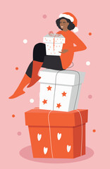 Vector illustration in a flat style. Christmas card. A happy girl in a Santa hat sitting on a stack of gift boxes.