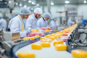 Factory workers inspect cheese products on assembly line in food processing plant during daytime operations