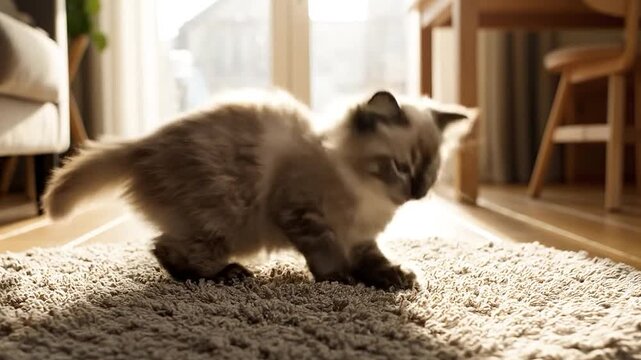 Playful Ragdoll Kitten Rolling and Bouncing on a Shaggy Rug in Sunlight.