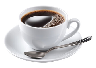Fototapeta premium White coffee cup with black espresso on saucer with silver spoon, isolated on transparent background