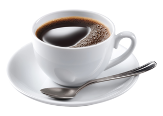 White coffee cup with black espresso on saucer with silver spoon, isolated on transparent background