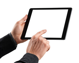 Business person hands touching blank screen tablet computer with pointing gesture, isolated on transparent background