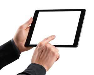 Business person hands touching blank screen tablet computer with pointing gesture, isolated on transparent background