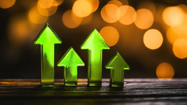 Green arrows showing positive business growth and success with bokeh background - Powered by Adobe