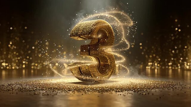 A shimmering golden number three stands on a surface of glitter, surrounded by magical swirling light trails.