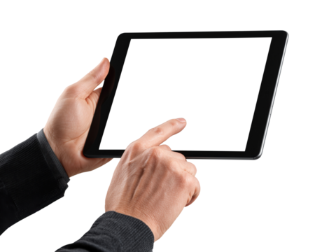 Business person hands touching blank screen tablet computer with pointing gesture, isolated on transparent background