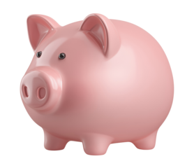 Glossy pink ceramic piggy bank shown from side angle with coin slot, isolated on transparent background