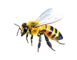 Watercolor illustration of a honey bee, wings spread, isolated on white background