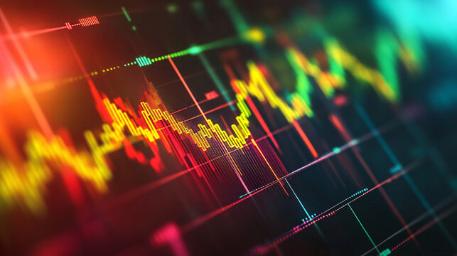 Dynamic stock market analysis data stream, vibrant market trading activity with real-time stats