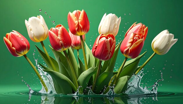 A vibrant bouquet of tulips, red and white, bursts from water with droplets. Lush green backdrop enhances the floral composition